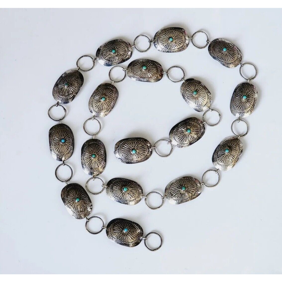 Navajo Accessories - Vintage Native American Navajo Sterling Silver Turquoise Concho Belt 34"L 56G